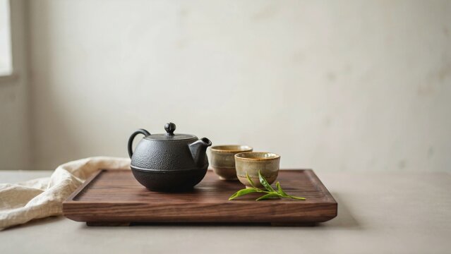 A black teapot and two ceramic cups on a wooden tray with green leaves on a table indoors.
