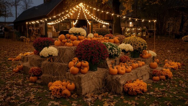 Evening autumn display with pumpkins, mums, and string lights on hay bales in a rustic farmyard setting outdoors