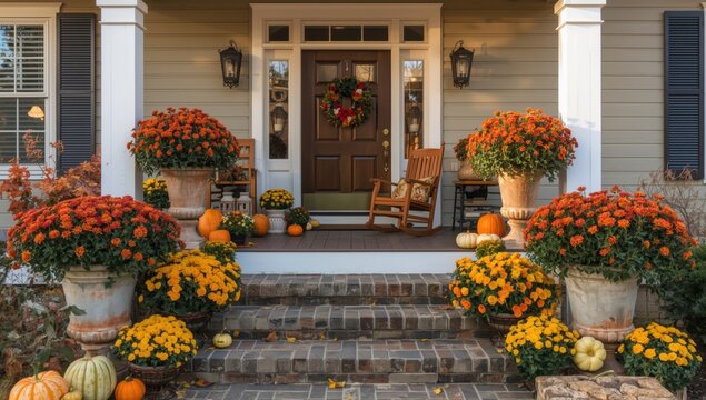 Fall front porch entrance decorated with orange chrysanthemums and pumpkins for seasonal autumn celebration