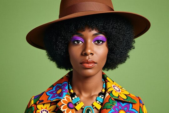 Young black woman wears vintage sixties hat with floral print outfit. African american model poses in colorful retro clothing with bright purple eyeshadow makeup. Stylish lady curly afro hairstyle,