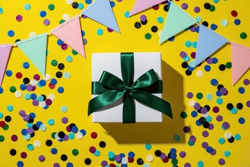 Fototapeta premium White gift box with dark green ribbon sits on vibrant yellow background. Colorful paper bunting flags hang above. Bright confetti sprinkles surround present box for birthday event party. Festive