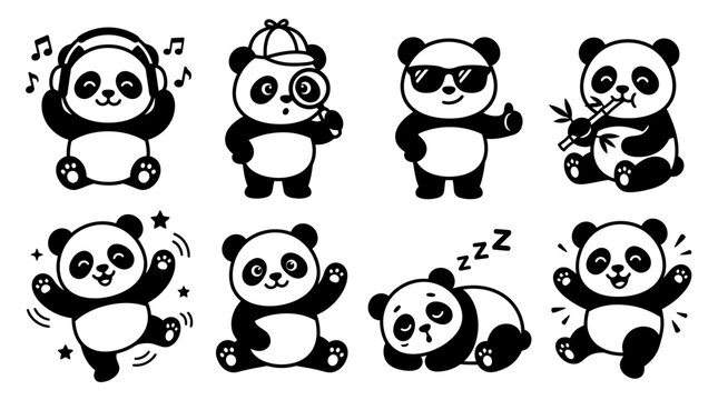 Panda bear cartoon characters dancing happy.