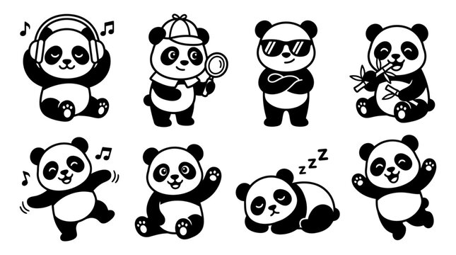 Panda bears in various poses.