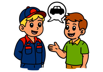 Obraz premium Friendly Mechanic Explaining Vehicle Repair to Customer Cartoon
