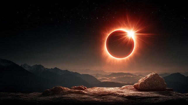Total solar eclipse with sun rays glowing over dark mountainous landscape