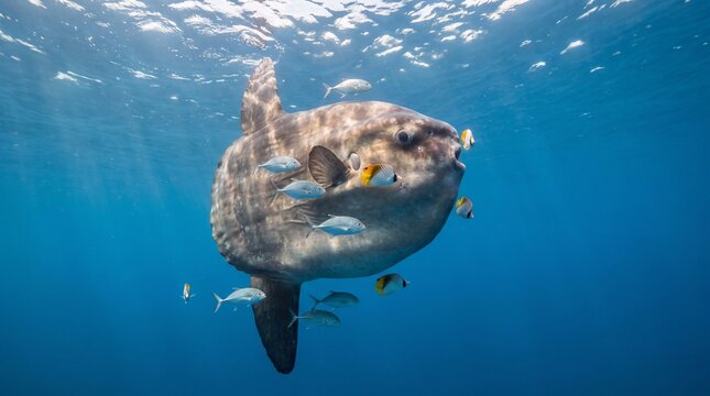 Ocean sunfish swimming with small fish in clear blue water