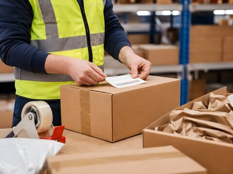 Picker Packer Applying Shipping Label to Parcel
