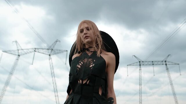 Close low angle outdoor scene showing young woman standing in field before high voltage transmission towers, with wind moving hair, fabric, and strong overcast light creating dramatic industrial mood