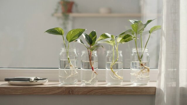 Small potted green plants in glass bottles on a wooden windowsill with natural light
