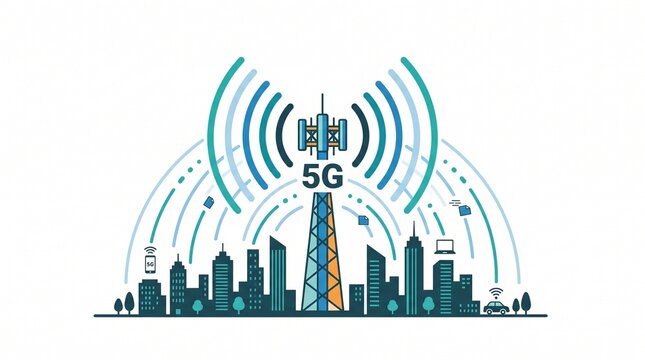 Illustration of a 5G tower transmitting signals over a modern city skyline with various connected devices.