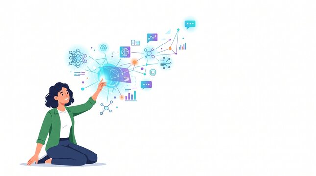 A woman kneeling and interacting with a futuristic digital interface, which shows charts, graphs, and data points connected by lines