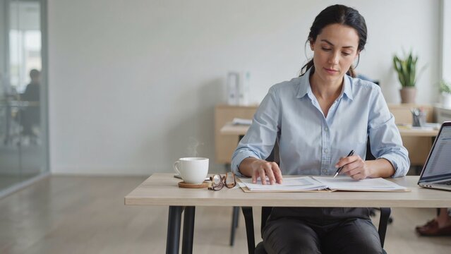 A young professional woman works on documents at a desk with a laptop and coffee in a modern office.