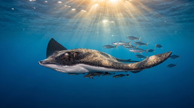 Majestic Manta Ray Swimming Under Sunlit Ocean Waters