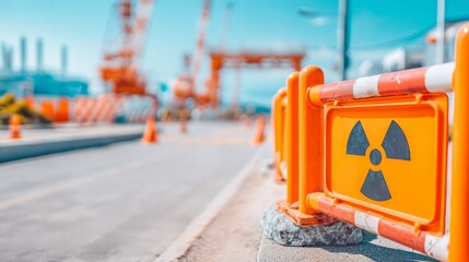 Fototapeta premium Bright Orange Radiation Warning Sign on Protective Barrier at Construction Site