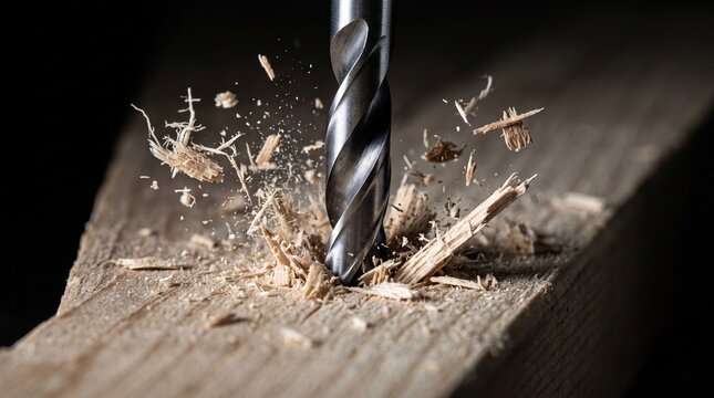 Steel Drill Bit Piercing Wooden Board with Flying Wood Chips and Sawdust