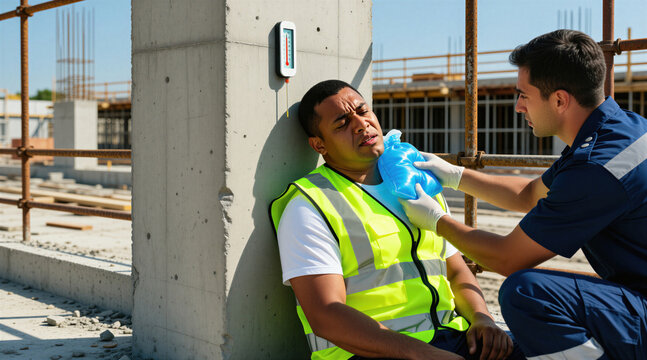 Paramedic treats construction worker suffering from heat stroke on sunny building site. Medical worker applies ice pack to dehydrated builder neck. Pro staff assists sick laborer wearing high