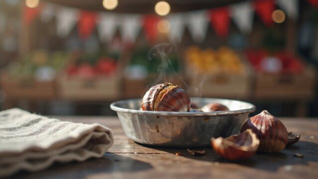 Steaming hot roasted chestnuts in a metal bowl on a rustic table at an outdoor market