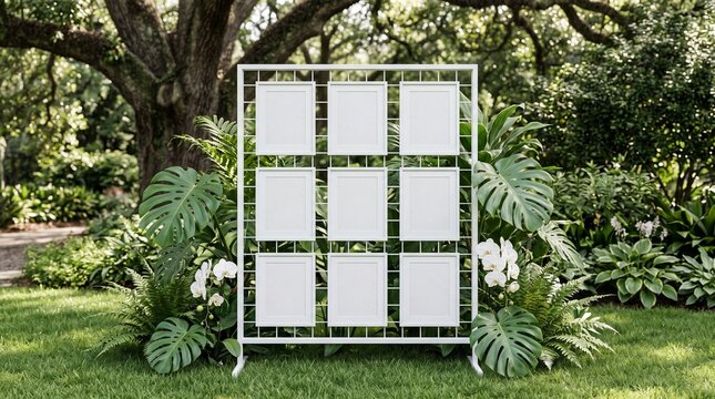 Outdoor Wedding Seating Chart Mockup with Tropical Plants and Blank White Frames