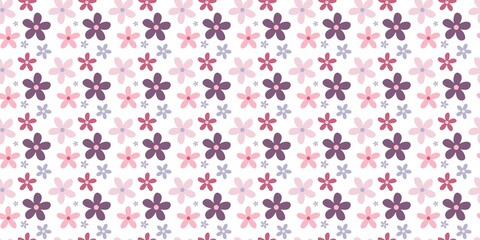 Delicate pastel pink and violet cherry blossom flowers floating on a clean white layout canvas. Beautiful fresh seamless floral backdrop for romantic spring wedding invitations. © MDC