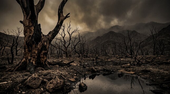 Desolate Burnt Forest Landscape with Charred Trees under a Smoky Sky