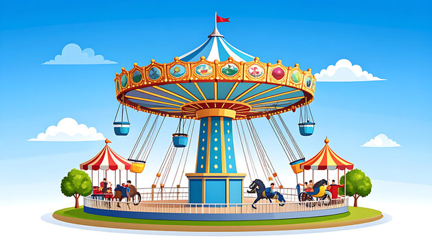Pixel art carousel amusement ride with swinging chairs and horses on a sunny day, fun park attraction