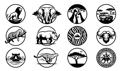 Clean line art generic safari emblem vector set with classic bold wildlife badge retro lion unbranded elephant giraffe travel studio and sweet savannah adventure graphics for apparel © Mdsahag