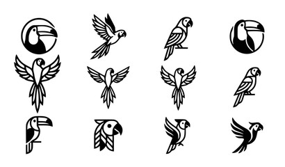 Modern abstract generic tropical bird symbol vector clipart set with minimalist clean outline unbranded wild brand toucan macaw parrot monogram and cosmic wildlife logo graphics black and white © Mdsahag