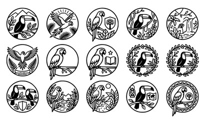 Clean line art generic tropical bird emblem vector set with classic bold wildlife badge retro toucan unbranded macaw parrot jungle studio and sweet rainforest adventure graphics for apparel © Mdsahag