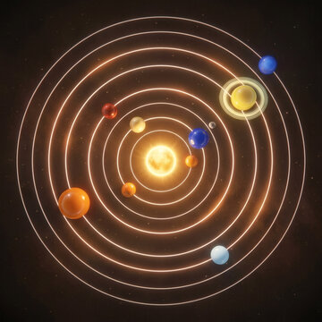 Elegant top-down view of a digital solar system model. Concentric glowing white path lines with simple colorful glass sphere planets orbiting a central golden sun node, dark premium backdrop, astronom