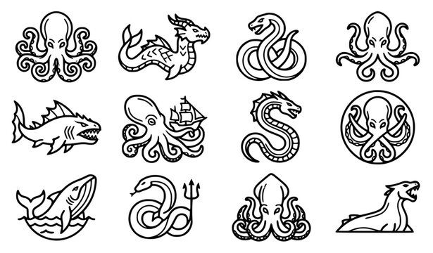 Generic mythical sea monsters vector icon set with simple bold line art classic complete unbranded kraken tentacles leviathan scales sea serpent ocean myth and legendary creature clip art black and wh