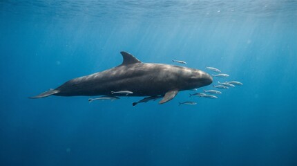 Fototapeta premium Pilot whale swimming with fish in clear blue ocean