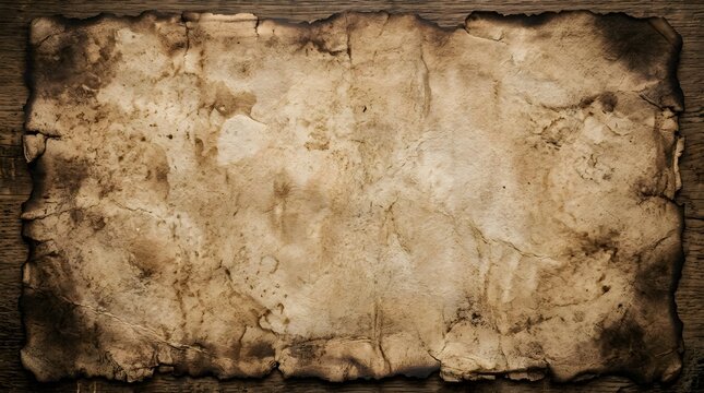 Vintage Burnt Parchment Paper Texture on Rustic Dark Wood Background