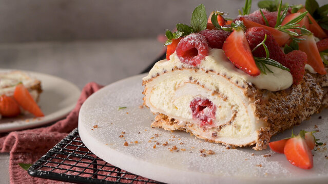 Berry Meringue Roll with Fresh Strawberries and Raspberries