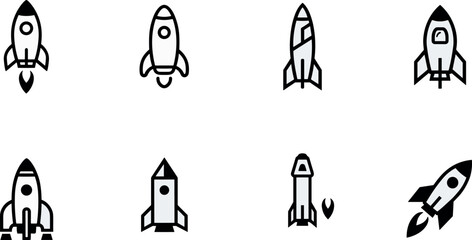 PrintMinimalist Black Rocket Ship Line Icon Vector Set for Startup Business Launch Technology Innovation Corporate Growth and Space Exploration Graphic Designs © MstJasmin