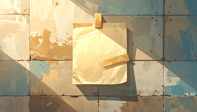 A blank paper sheet taped to a textured wall with warm sunlight casting shadows, evoking a sense of memory and nostalgia