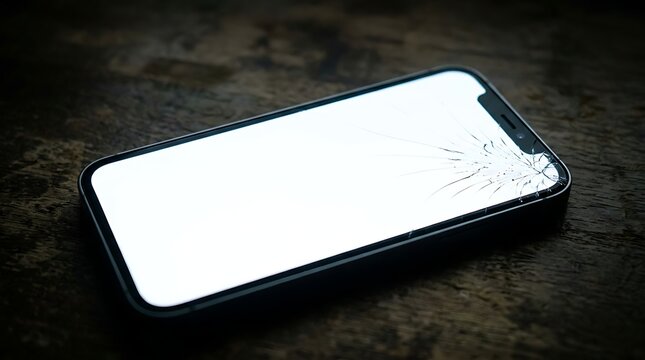 A smartphone lies on a dark surface with its screen facing upwards and displaying a crack.