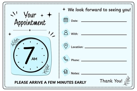 7 AM Light Blue Appointment Reminder Card Template with Clock, Appointment Booking, Medical Appointment, Dental Appointment, Salon Appointment, Printable Appointment Schedule, Editable Business Remind
