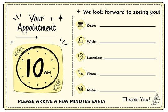 10 AM Yellow Appointment Reminder Card Template with Clock, Appointment Booking, Medical Appointment, Dental Appointment, Salon Appointment, Printable Appointment Schedule, Editable Business Reminder 