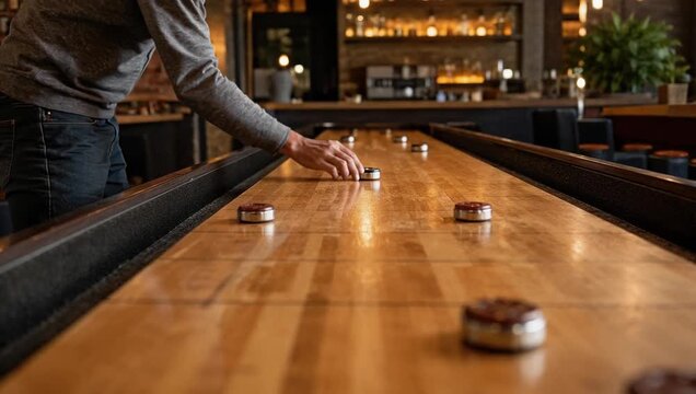 Player sliding a shuffleboard puck across a polished wooden table in a cozy, dimly lit bar with warm ambient lighting and shallow depth of field