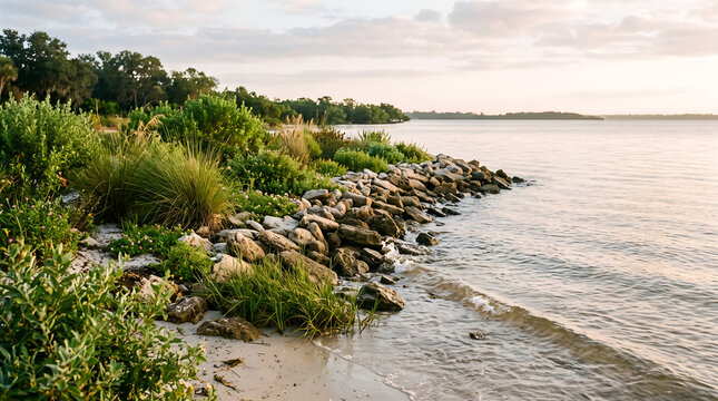 Nature-based living shoreline protecting the coast from erosion while supporting biodiversity, climate adaptation, and sustainable coastal management.