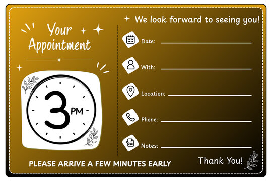 3PM Gold Appointment Reminder Card Template with Clock, Appointment Booking, Medical Appointment, Dental Appointment, Salon Appointment, Printable Appointment Schedule, Editable Business Reminder Form