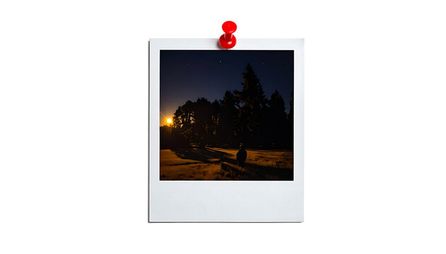 A polaroid photo of a silhouetted tree against a starry night sky with warm light glowing from behind