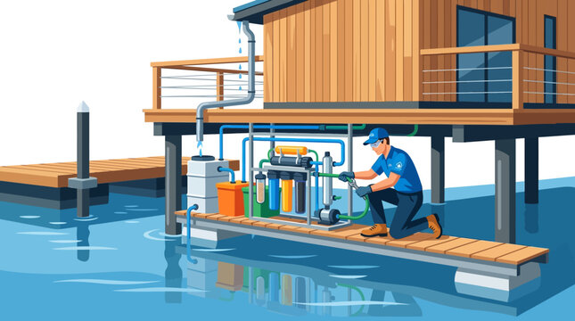 Technician Installing Water Purification System Under Floating House Vector Illustration