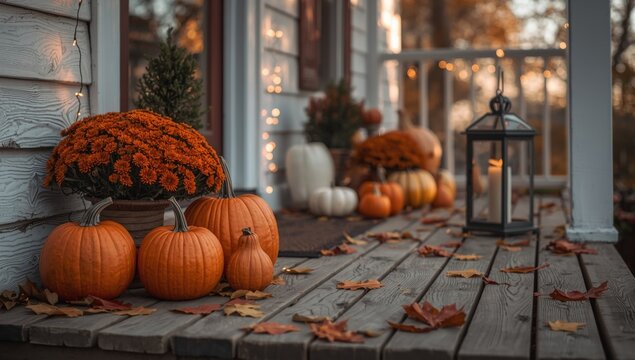 Festive fall porch decoration with orange mums and pumpkins on wooden decking with warm string lights at twilight
