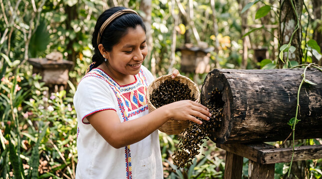 Woman tending to bees in a log hive outdoors