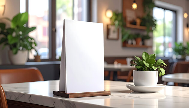 Blank white menu or display card on a marble table in a cozy cafe, with plants and blurred background