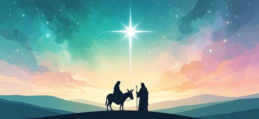 Fototapeta premium Christian Christmas silhouette of Mary riding a donkey led by Joseph toward Bethlehem beneath a radiant Star of Bethlehem with a colorful turquoise and lavender evening sky