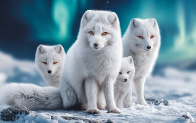 Fototapeta premium Arctic fox family resting on snowy ground under northern lights sky at night