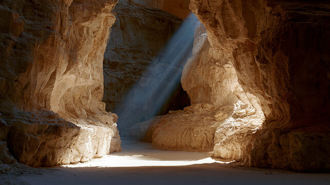 Dramatic Sunbeam Illuminating Ancient Cave Interior