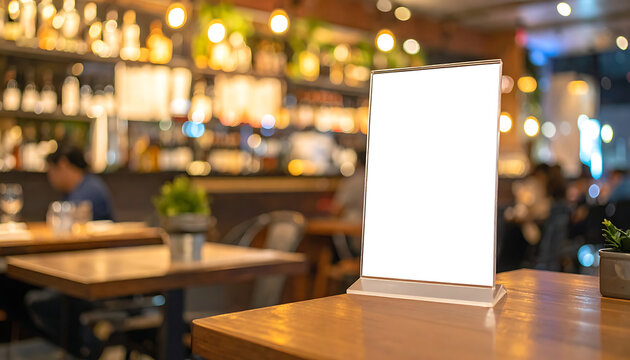 Blank table tent sign on a wooden table in a restaurant with blurred background, for menu or advertising